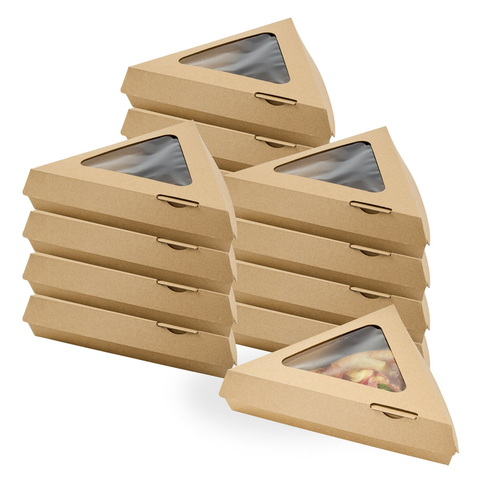 Eco Tek Kraft Paper Corrugated Pizza Slice Box - Clamshell, with PLA Window - 8 1/4" x 9 1/4" x 2" - 100 count box