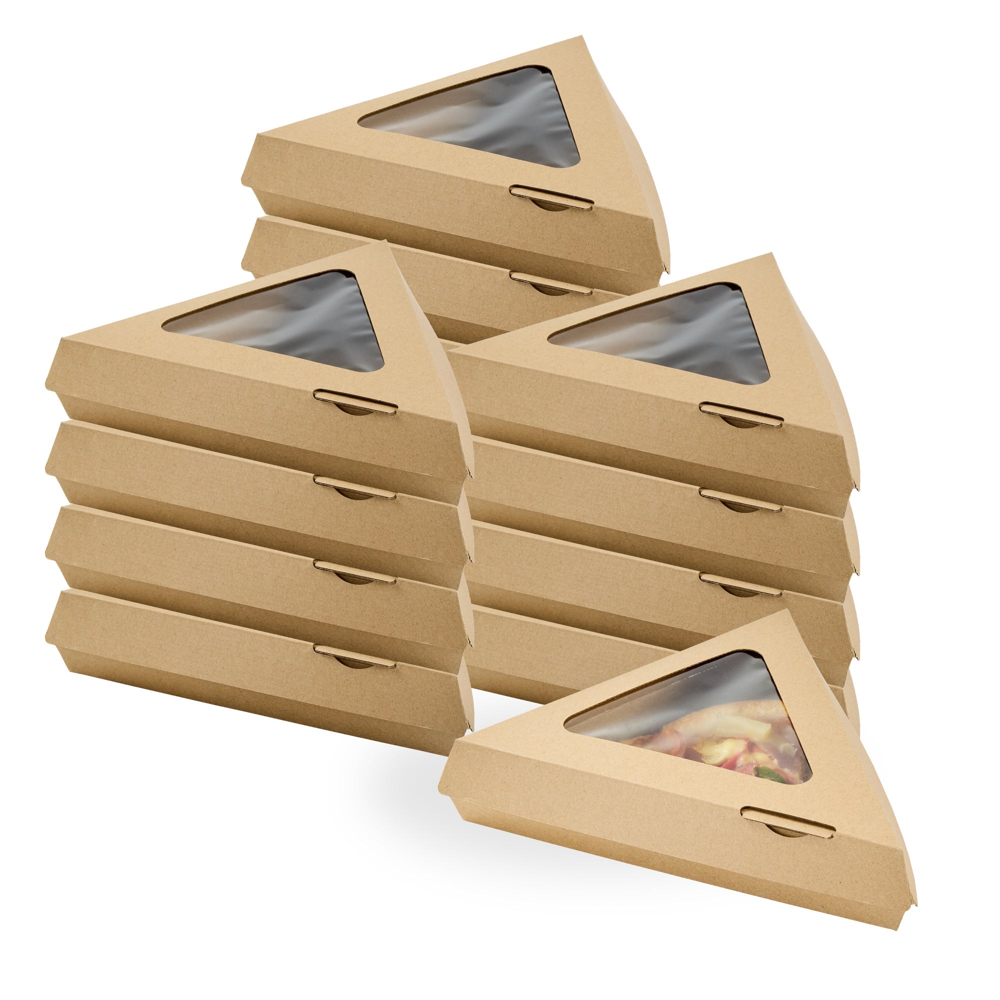 Eco Tek Kraft Paper Corrugated Pizza Slice Box - Clamshell, with PLA Window - 8 1/4" x 9 1/4" x 2" - 100 count box