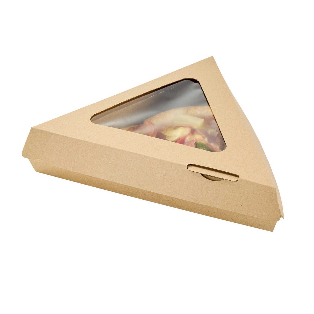 Eco Tek Kraft Paper Corrugated Pizza Slice Box - Clamshell, with PLA Window - 8 1/4" x 9 1/4" x 2" - 50 count box