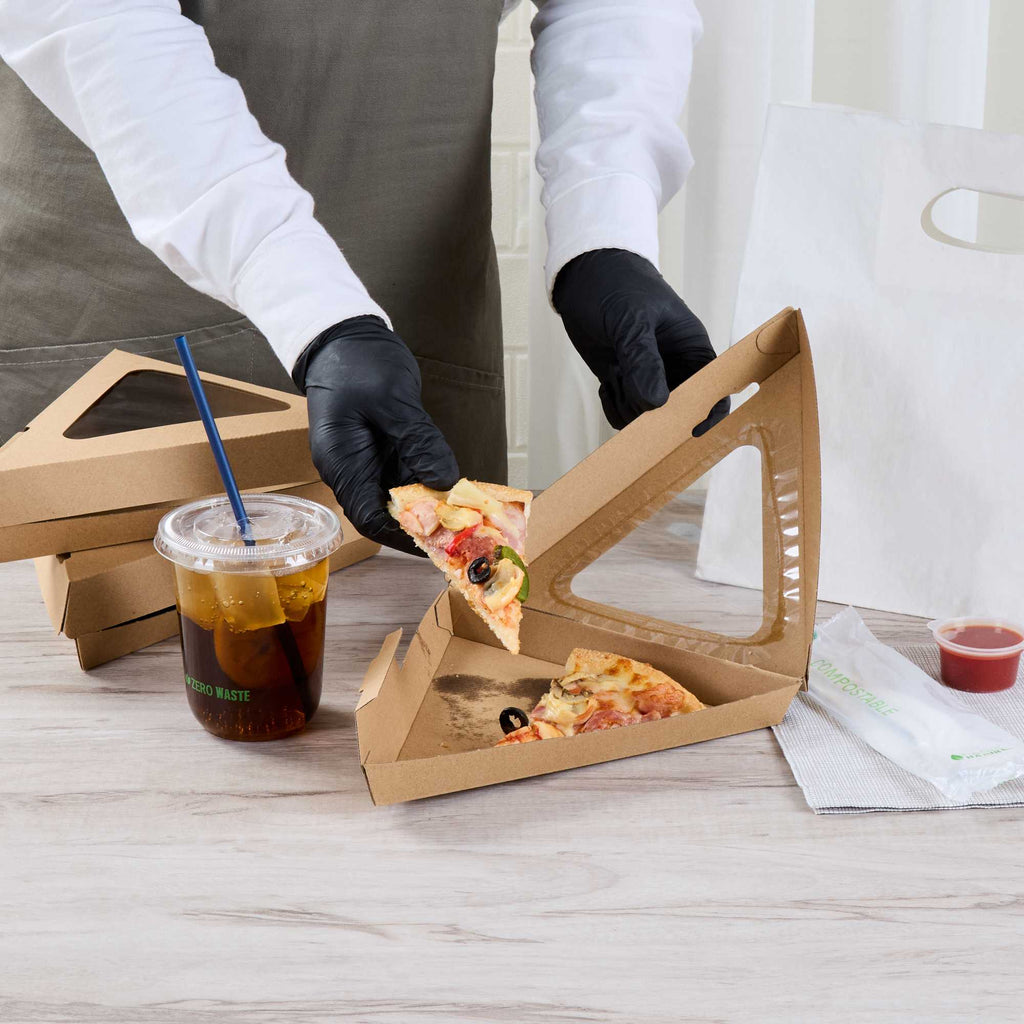 Eco Tek Kraft Paper Corrugated Pizza Slice Box - Clamshell, with PLA Window - 8 1/4" x 9 1/4" x 2" - 50 count box