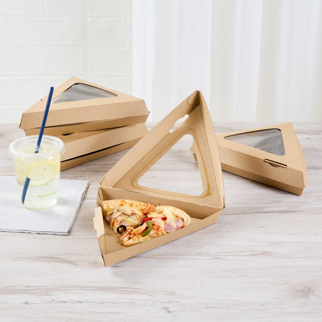 Eco Tek Kraft Paper Corrugated Pizza Slice Box - Clamshell, with PLA Window - 8 1/4" x 9 1/4" x 2" - 50 count box
