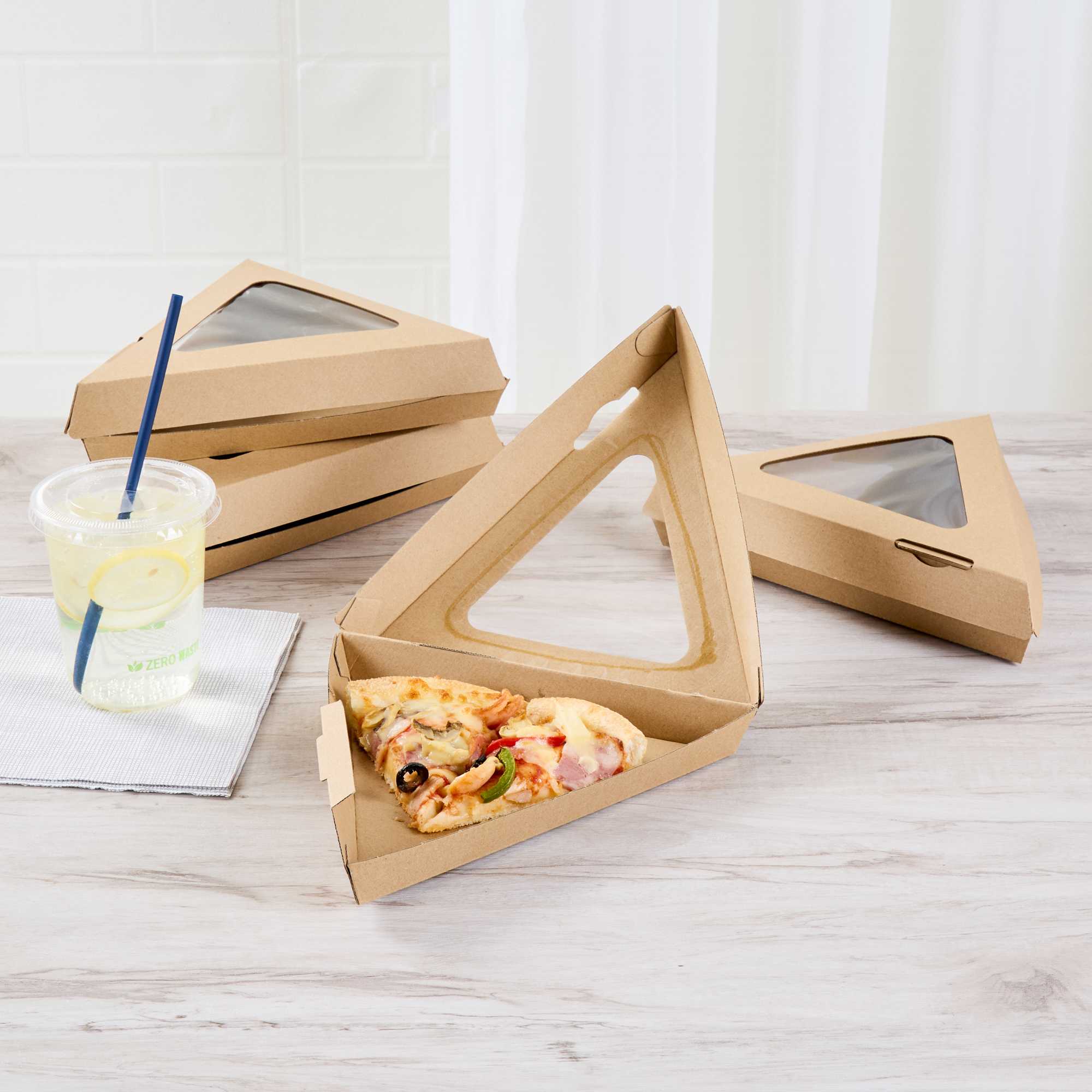 Eco Tek Kraft Paper Corrugated Pizza Slice Box - Clamshell, with PLA Window - 8 1/4" x 9 1/4" x 2" - 50 count box