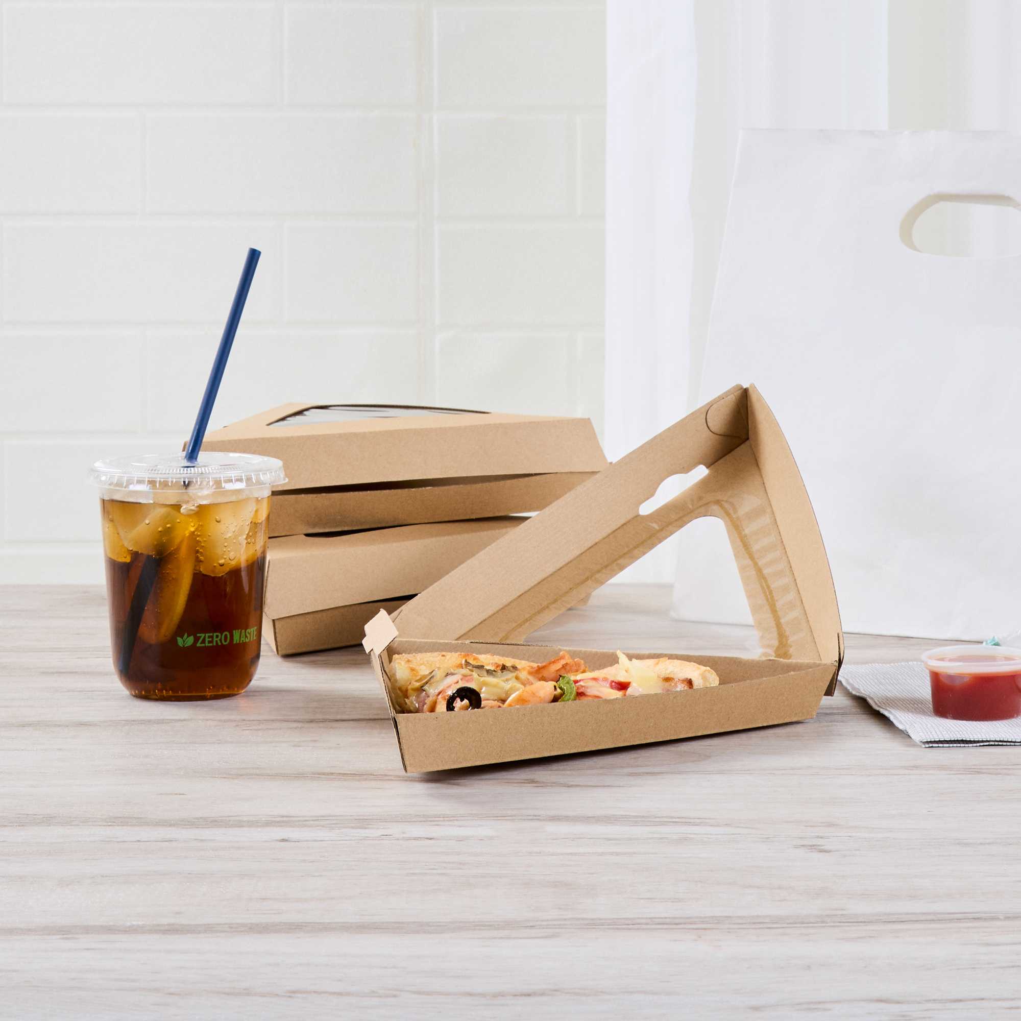 Eco Tek Kraft Paper Corrugated Pizza Slice Box - Clamshell, with PLA Window - 8 1/4" x 9 1/4" x 2" - 50 count box