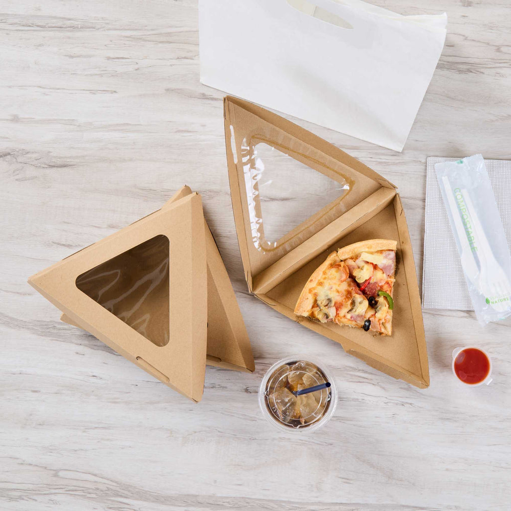 Eco Tek Kraft Paper Corrugated Pizza Slice Box - Clamshell, with PLA Window - 8 1/4" x 9 1/4" x 2" - 50 count box