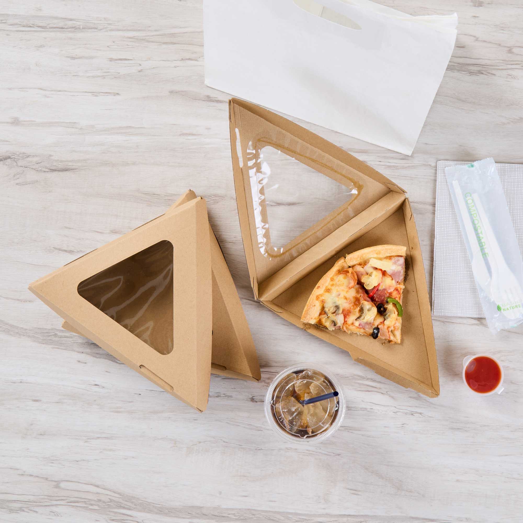 Eco Tek Kraft Paper Corrugated Pizza Slice Box - Clamshell, with PLA Window - 8 1/4" x 9 1/4" x 2" - 50 count box