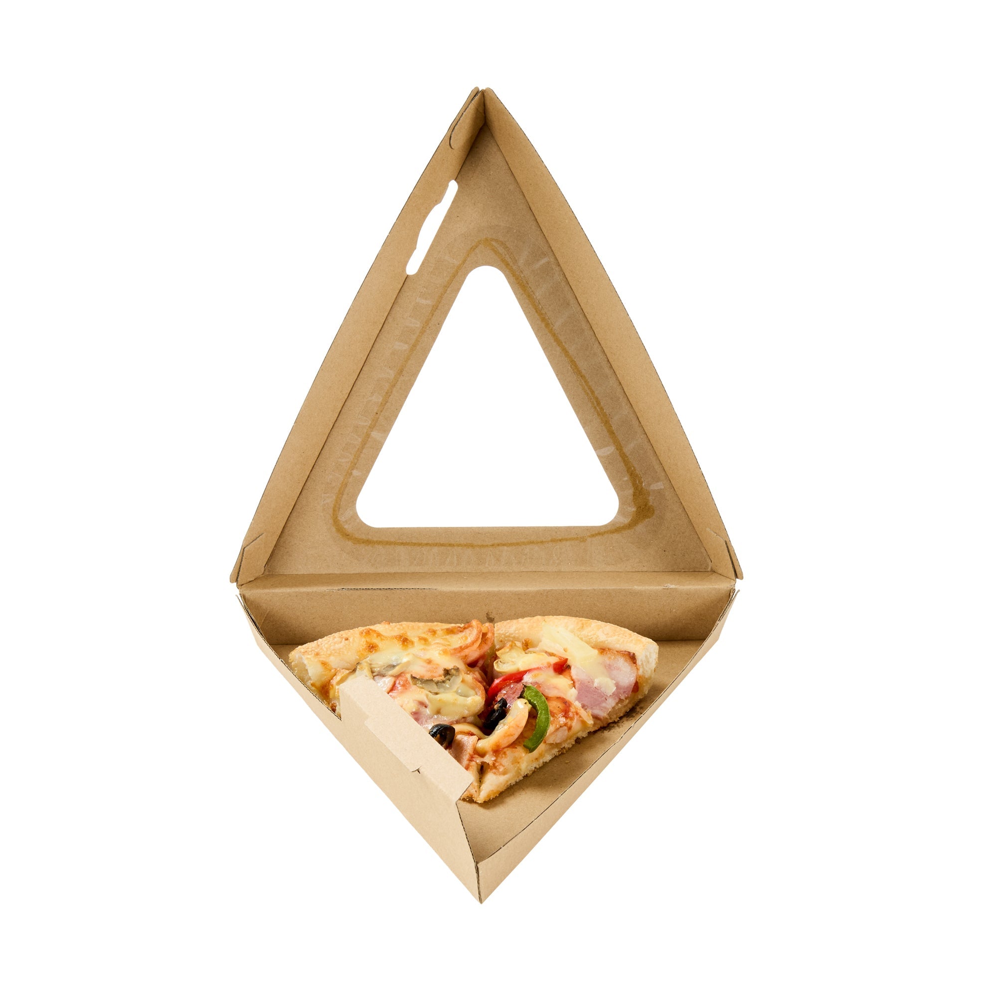 Eco Tek Kraft Paper Corrugated Pizza Slice Box - Clamshell, with PLA Window - 8 1/4" x 9 1/4" x 2" - 100 count box