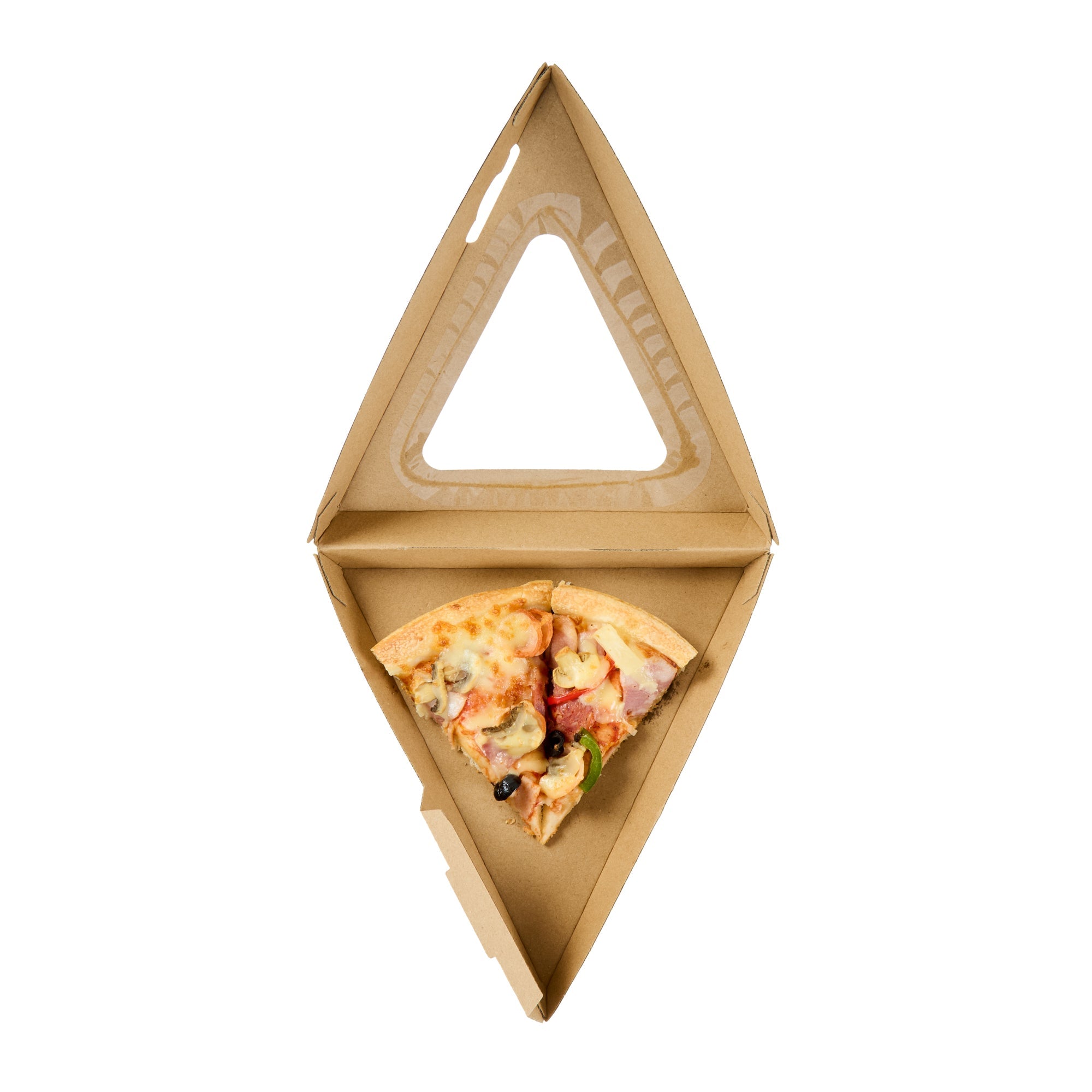 Eco Tek Kraft Paper Corrugated Pizza Slice Box - Clamshell, with PLA Window - 8 1/4" x 9 1/4" x 2" - 100 count box