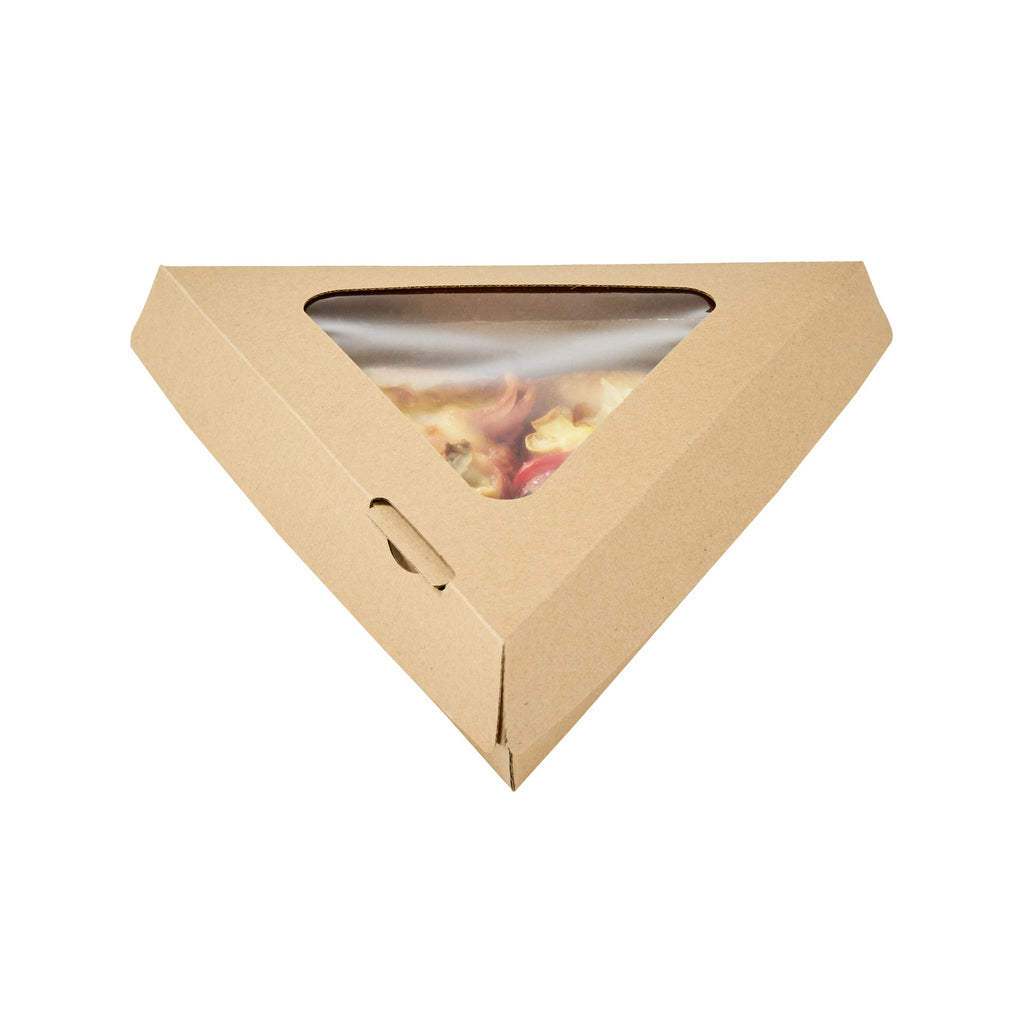 Eco Tek Kraft Paper Corrugated Pizza Slice Box - Clamshell, with PLA Window - 8 1/4" x 9 1/4" x 2" - 100 count box