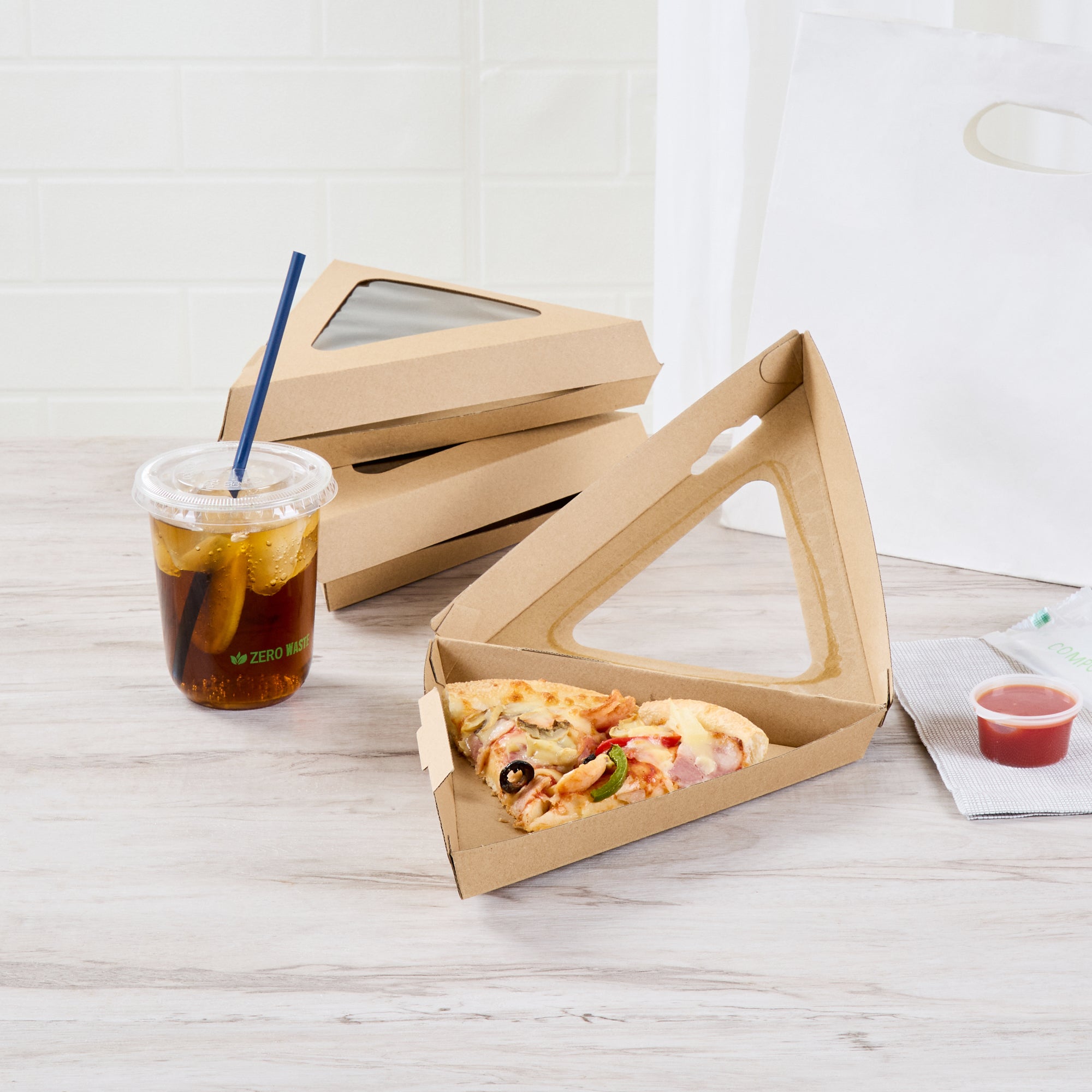Eco Tek Kraft Paper Corrugated Pizza Slice Box - Clamshell, with PLA Window - 8 1/4" x 9 1/4" x 2" - 100 count box