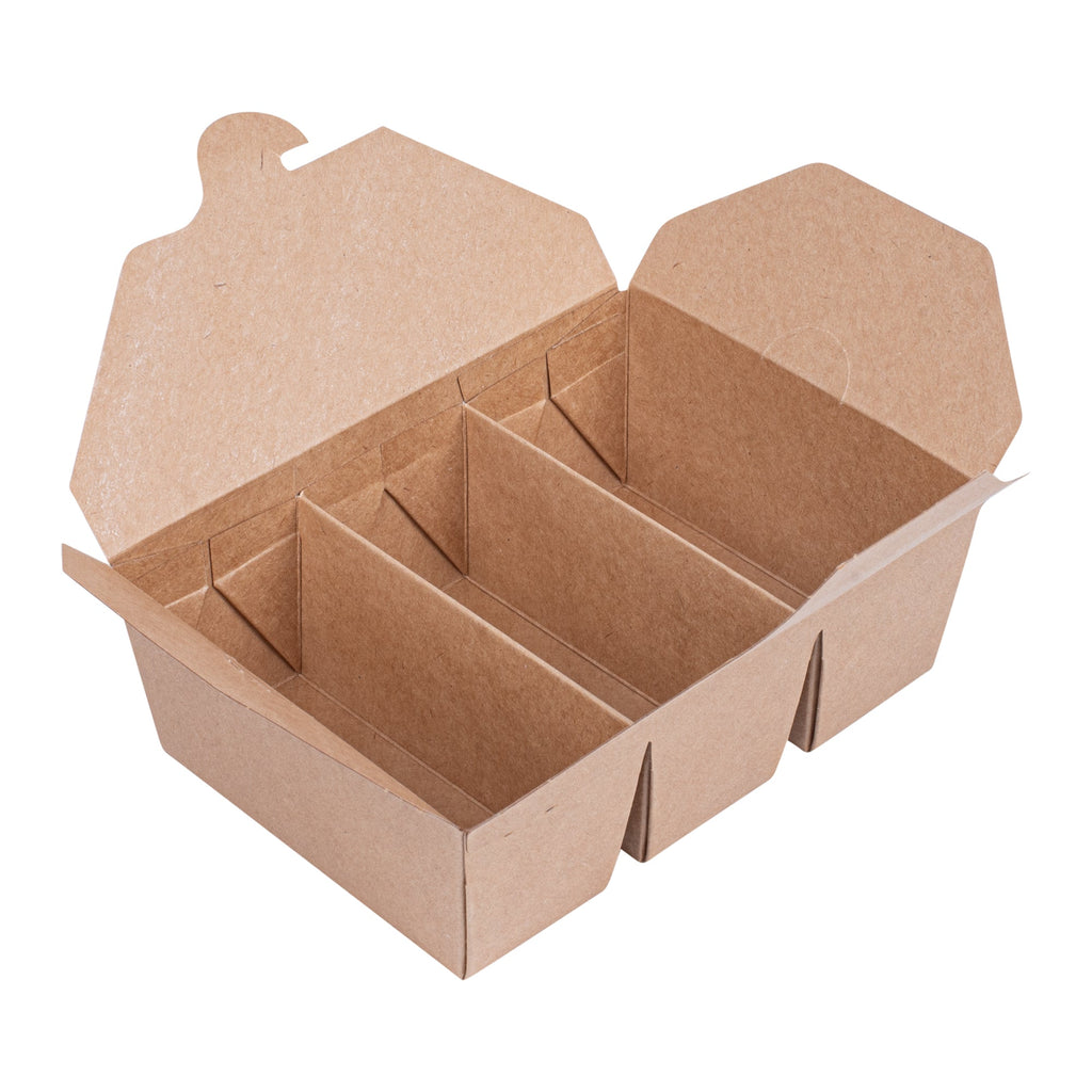 Bio Tek Kraft Paper Taco Take Out Container - 3 Compartments - 7 1/2" x 5 1/2" x 2" - 100 count box