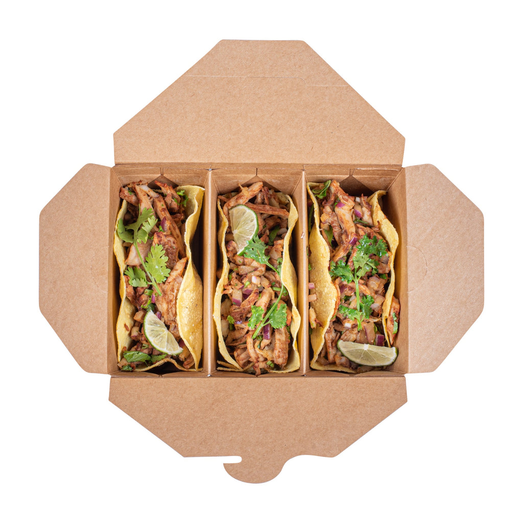 Bio Tek Kraft Paper Taco Take Out Container - 3 Compartments - 7 1/2" x 5 1/2" x 2" - 100 count box