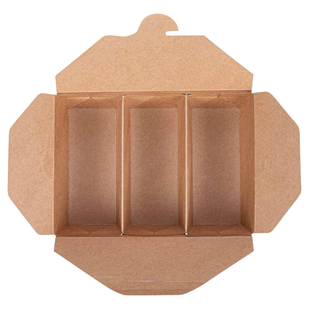 Bio Tek Kraft Paper Taco Take Out Container - 3 Compartments - 7 1/2" x 5 1/2" x 2" - 100 count box