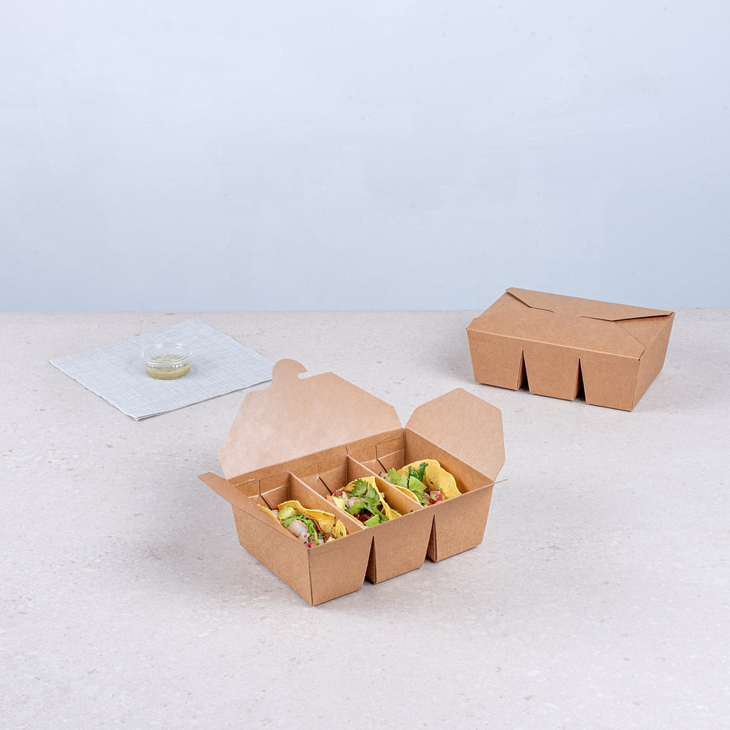 Sustain Kraft Paper Taco Take Out Container - with PLA Lining, Compostable, 3 Compartments - 7 1/2" x 5 1/2" x 2" - 100 count box