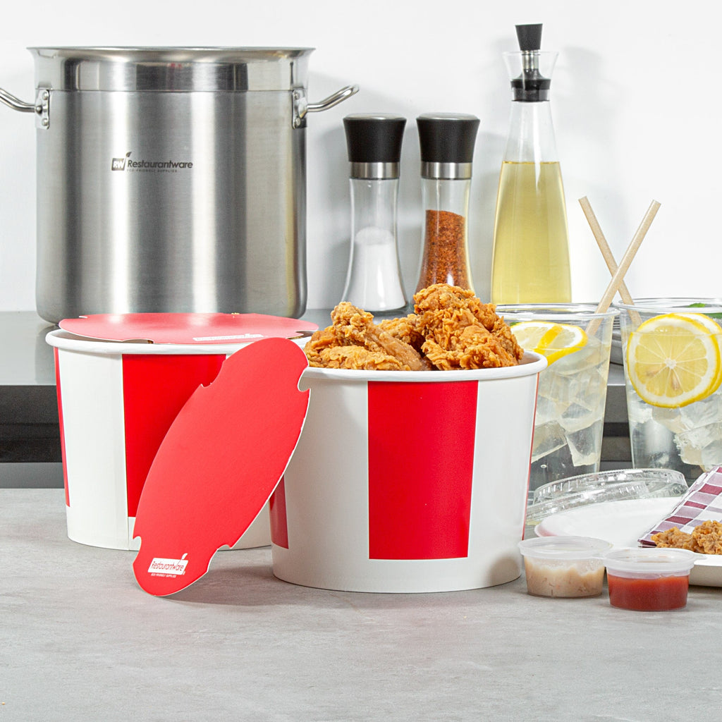 Bio Tek 64 oz Red and White Paper Chicken Bucket - with Lid - 100 count box