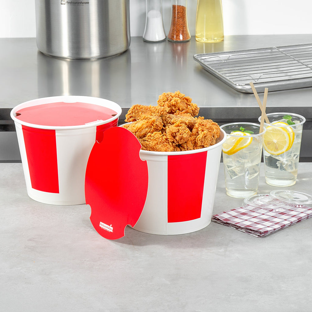 Bio Tek 150 oz Red and White Paper Chicken Bucket - with Lid - 100 count box