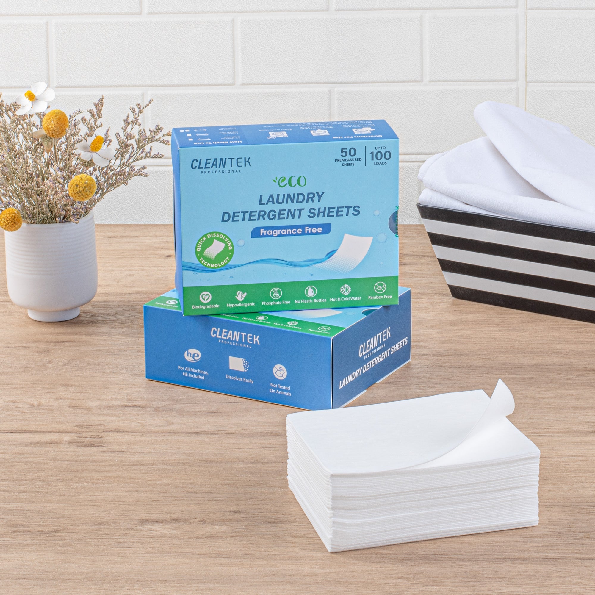 Clean Tek Professional Liquidless Laundry Detergent Sheet - Fragrance Free, Biodegradable, Hypoallergenic - 50 count box