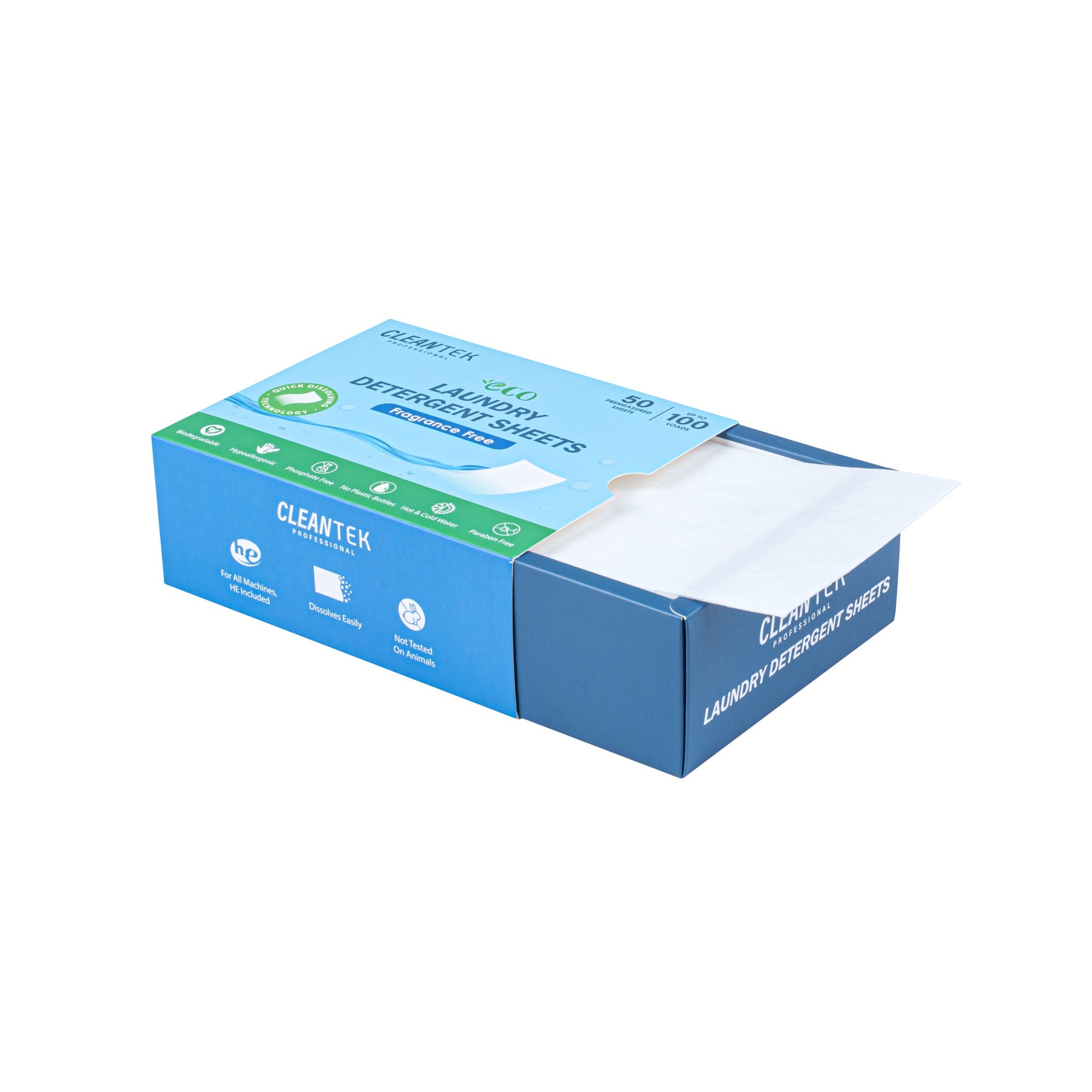 Clean Tek Professional Liquidless Laundry Detergent Sheet - Fragrance Free, Biodegradable, Hypoallergenic - 50 count box