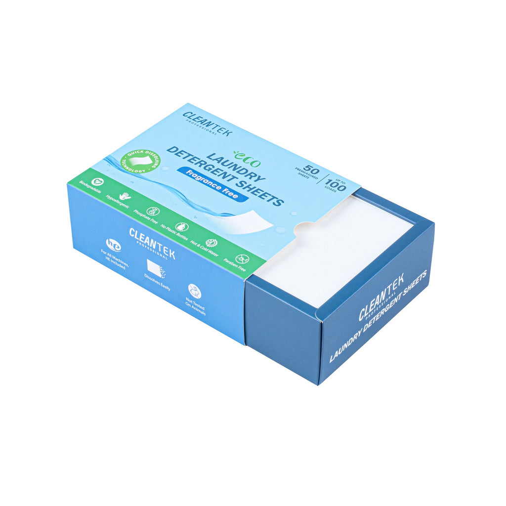 Clean Tek Professional Liquidless Laundry Detergent Sheet - Fragrance Free, Biodegradable, Hypoallergenic - 50 count box