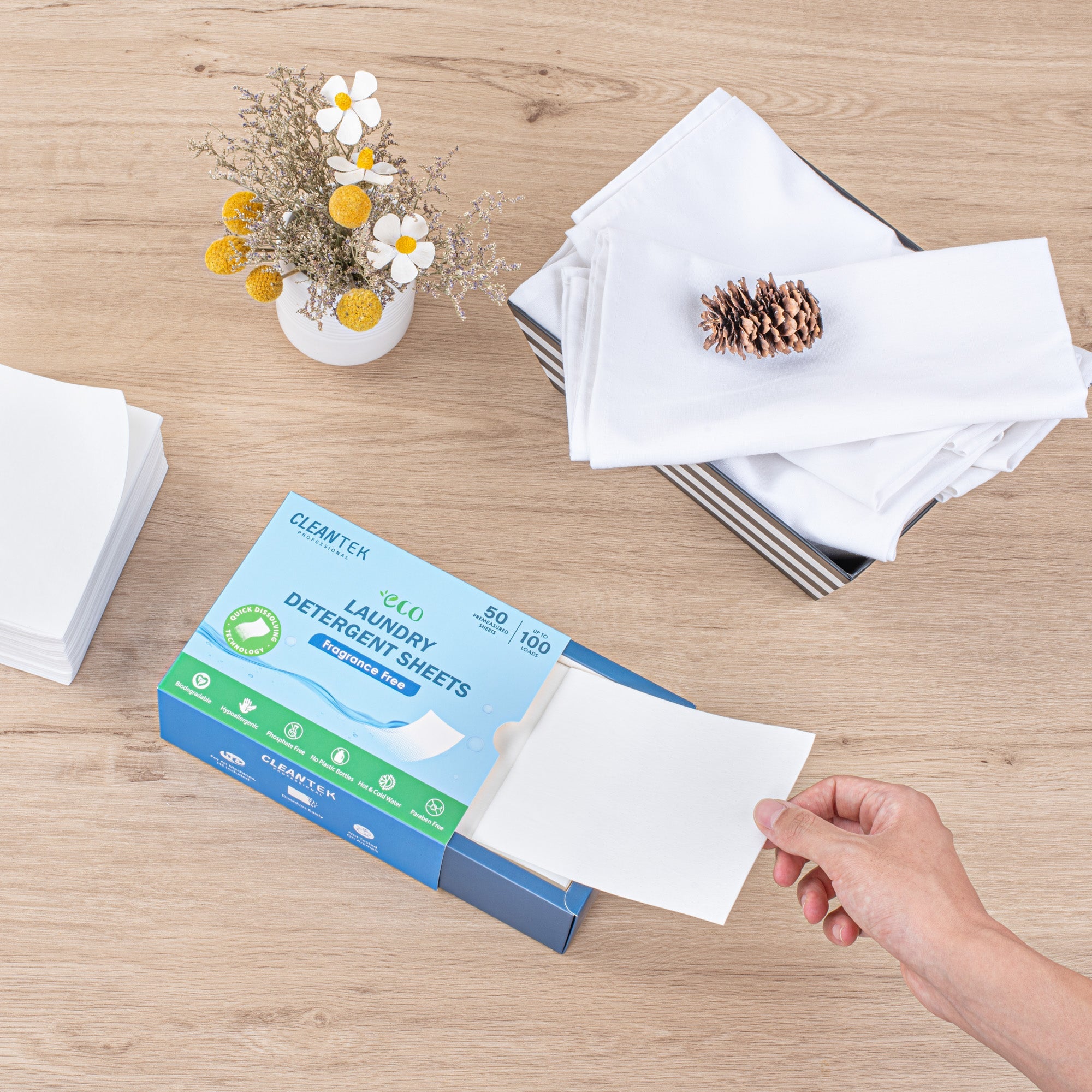 Clean Tek Professional Liquidless Laundry Detergent Sheet - Fragrance Free, Biodegradable, Hypoallergenic - 50 count box