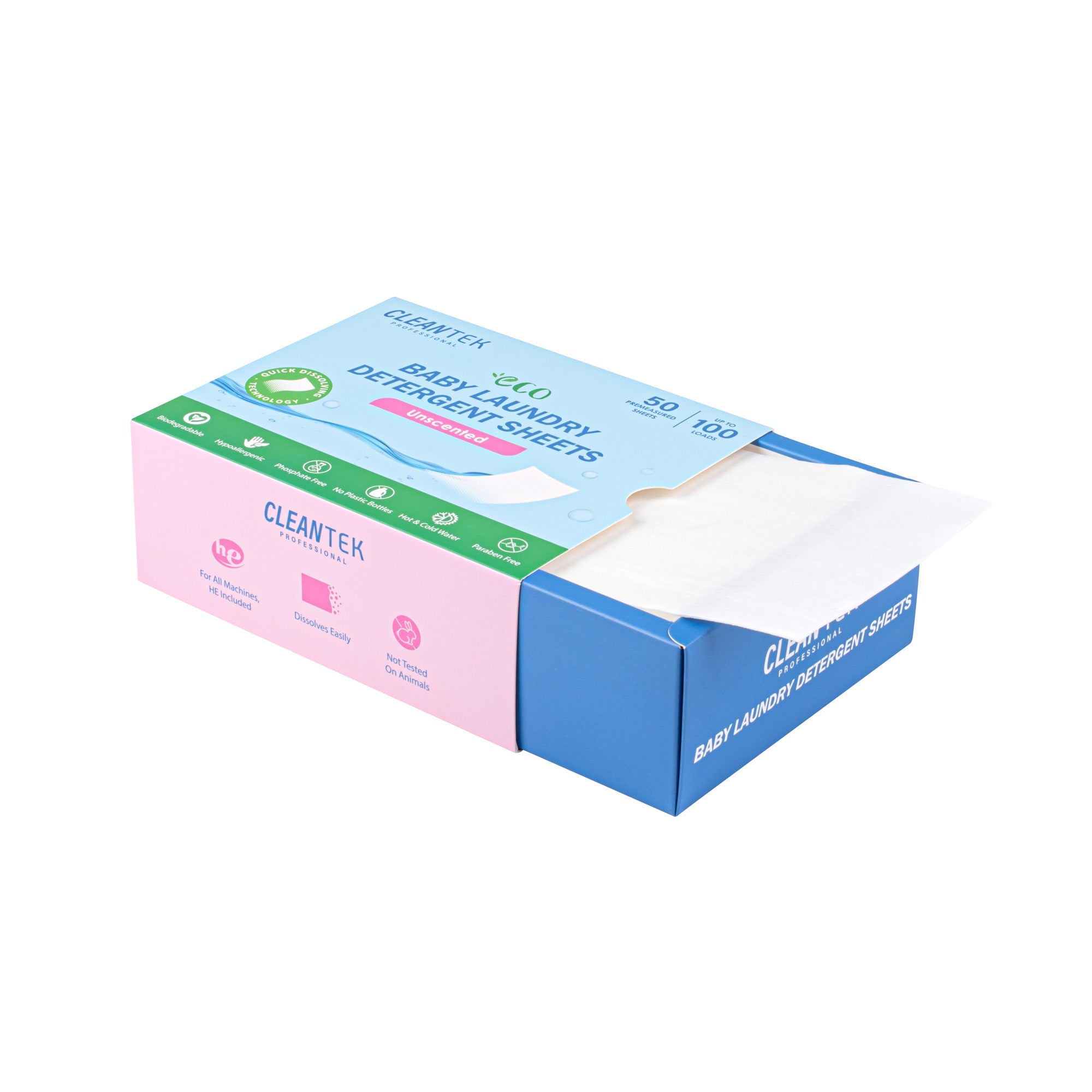 Clean Tek Professional Liquidless Baby Laundry Detergent Sheet - Unscented, Biodegradable, Hypoallergenic - 50 count box