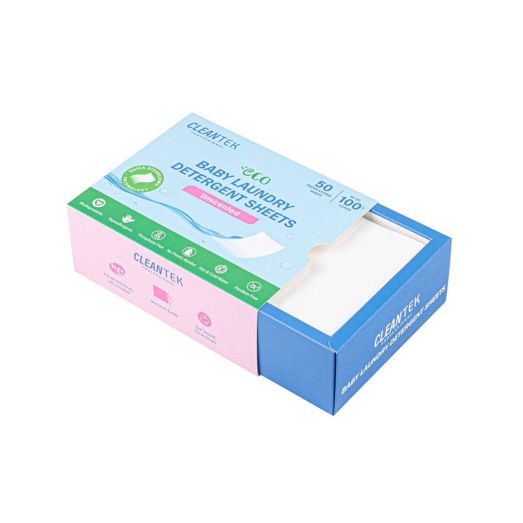 Clean Tek Professional Liquidless Baby Laundry Detergent Sheet - Unscented, Biodegradable, Hypoallergenic - 50 count box