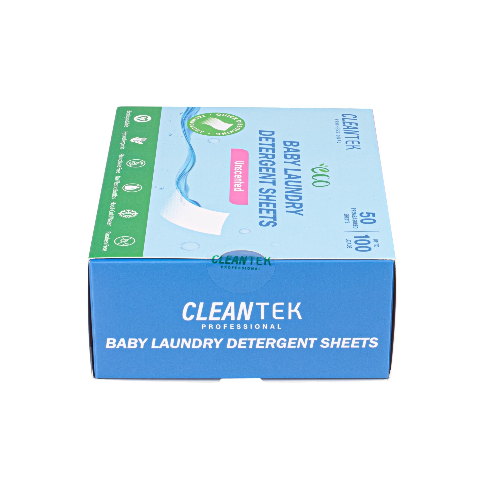Clean Tek Professional Liquidless Baby Laundry Detergent Sheet - Unscented, Biodegradable, Hypoallergenic - 50 count box