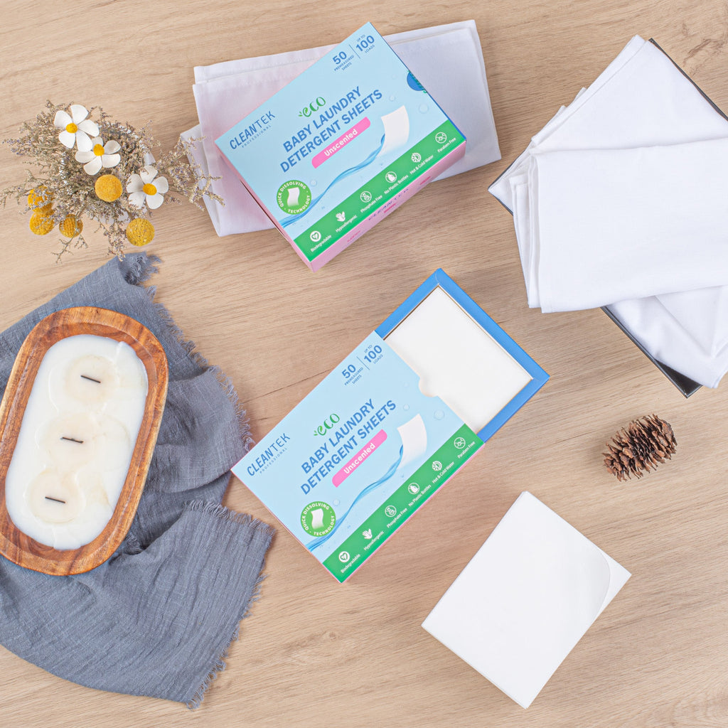 Clean Tek Professional Liquidless Baby Laundry Detergent Sheet - Unscented, Biodegradable, Hypoallergenic - 50 count box