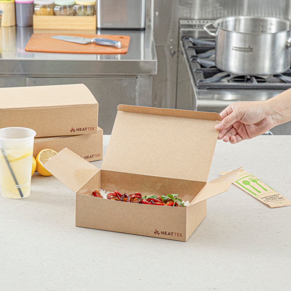 Heat Tek Kraft Paper Take Out Container - Oven-Safe, with Tuck Top - 9" x 5 3/4" x 2 3/4" - 100 count box