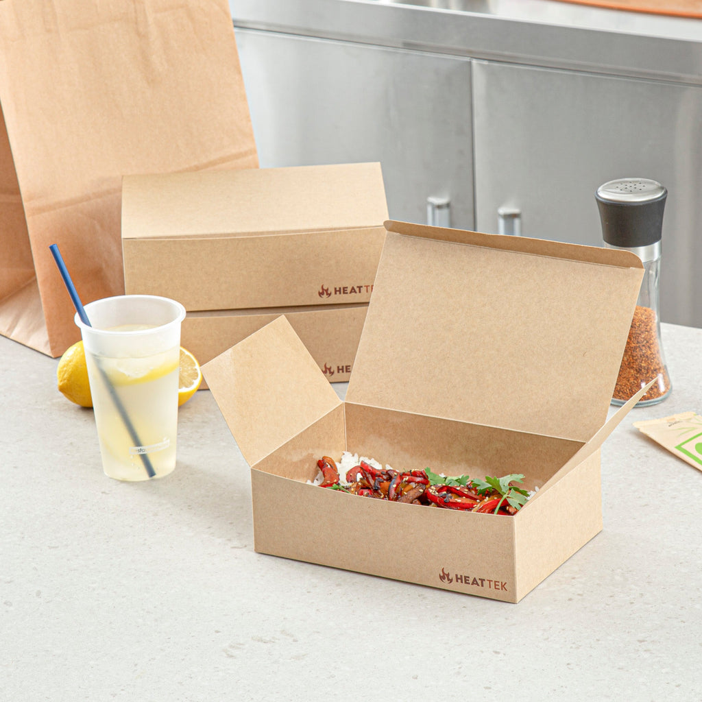 Heat Tek Kraft Paper Take Out Container - Oven-Safe, with Tuck Top - 9" x 5 3/4" x 2 3/4" - 100 count box
