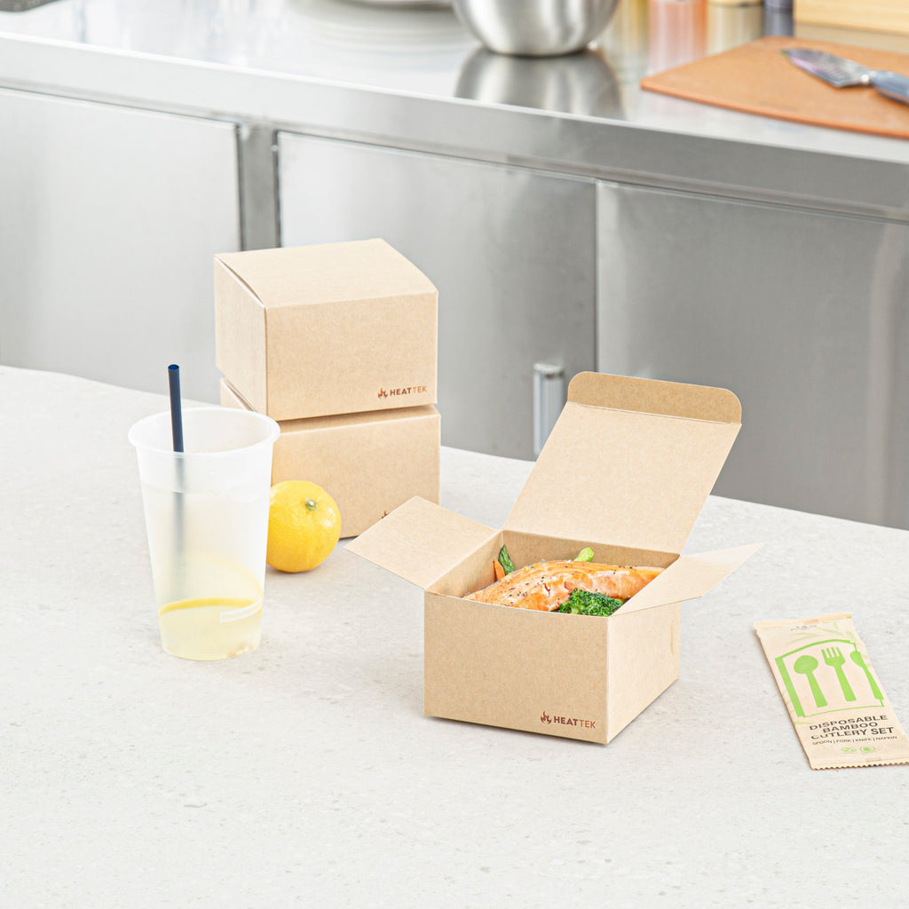 Heat Tek Kraft Paper Take Out Container - Oven-Safe, with Tuck Top - 4 1/2" x 4 1/2" x 3" - 100 count box