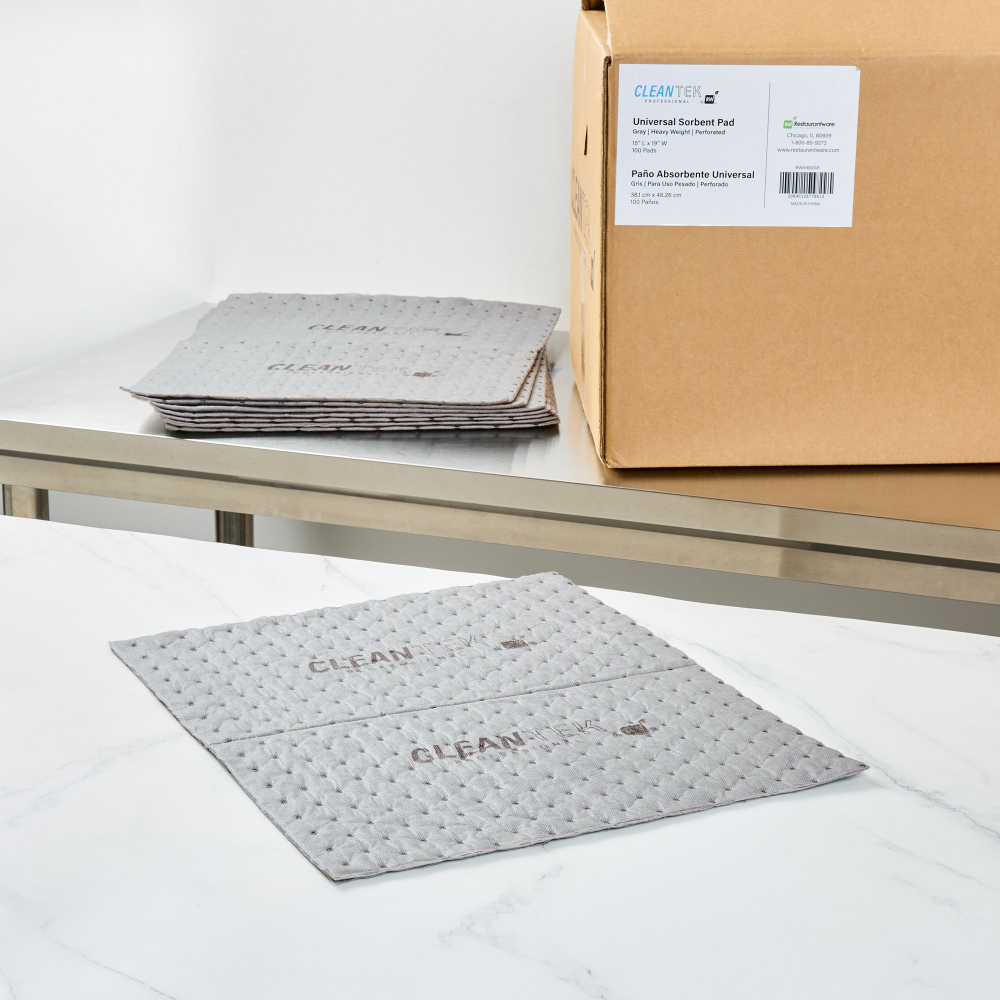 Clean Tek Professional Gray Universal Sorbent Pad - Heavy Weight, Perforated - 15" x 19" - 100 count box
