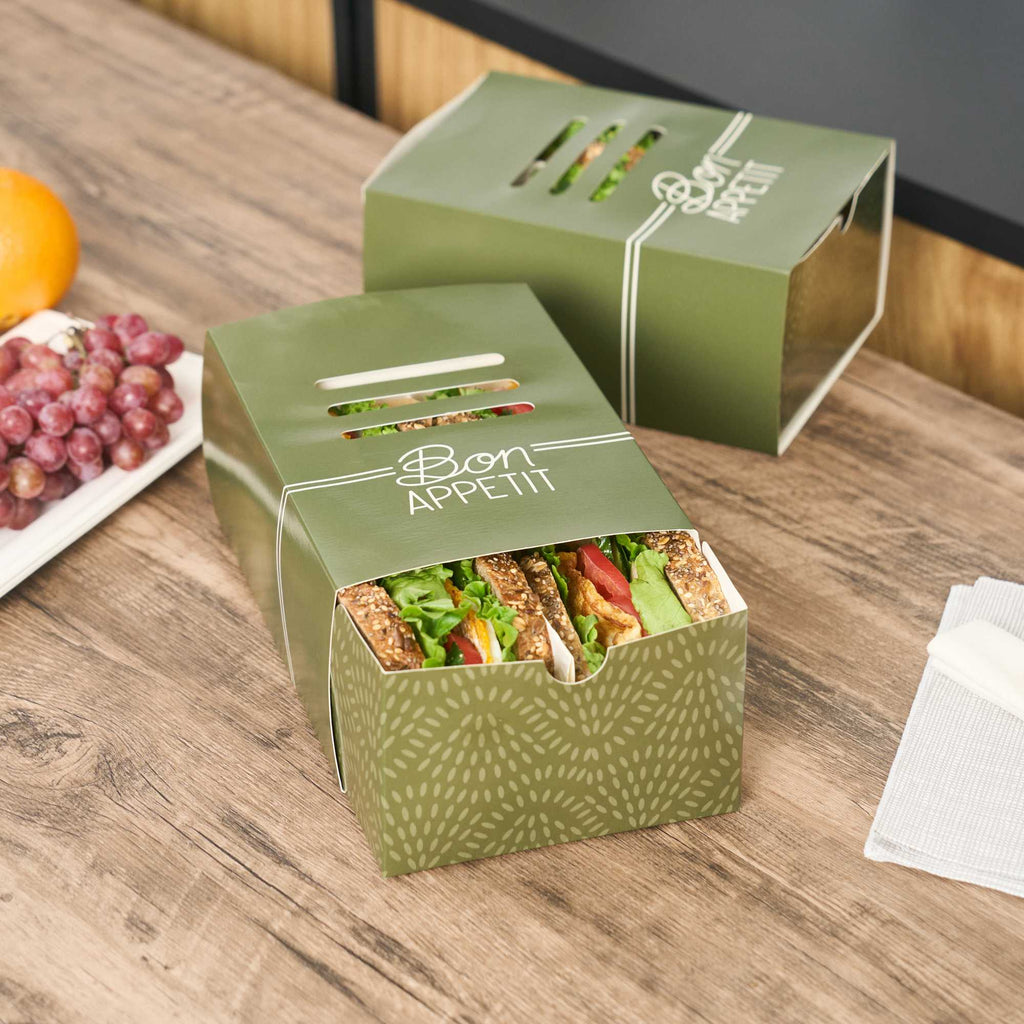 Cater Tek Rectangle Green Paper Hot Dog / Sandwich Tray - with Cover and Divider - 8 1/4" x 5 3/4" x 3 3/4" - 100 count box