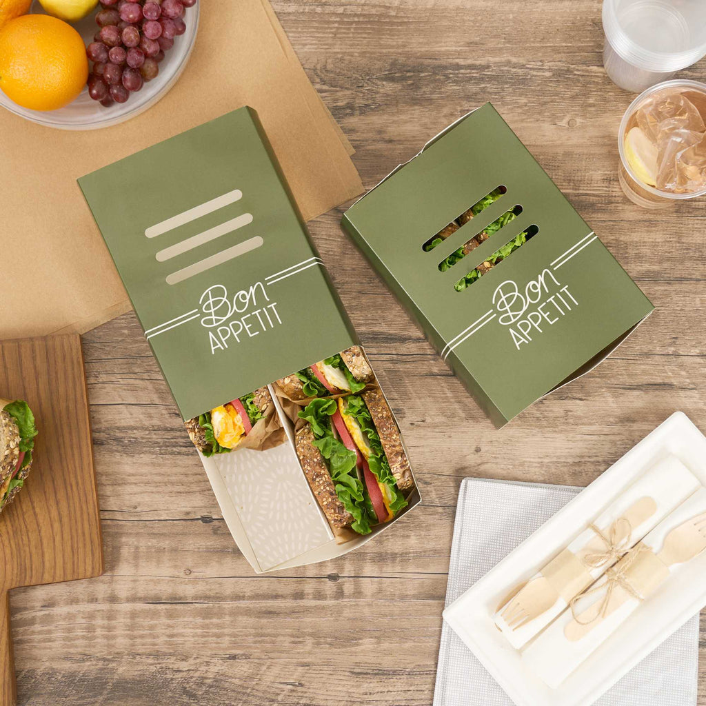 Cater Tek Rectangle Green Paper Hot Dog / Sandwich Tray - with Cover and Divider - 8 1/4" x 5 3/4" x 3 3/4" - 100 count box
