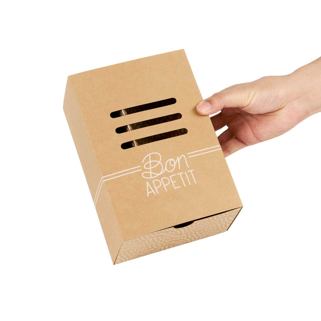 Cater Tek Rectangle Kraft Paper Hot Dog / Sandwich Tray - with Cover and Divider - 8 1/4" x 5 3/4" x 3 3/4" - 100 count box