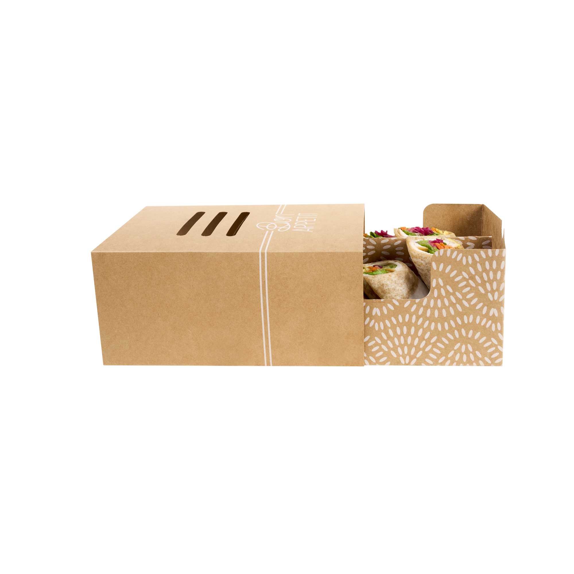 Cater Tek Rectangle Kraft Paper Hot Dog / Sandwich Tray - with Cover and Divider - 8 1/4" x 5 3/4" x 3 3/4" - 100 count box