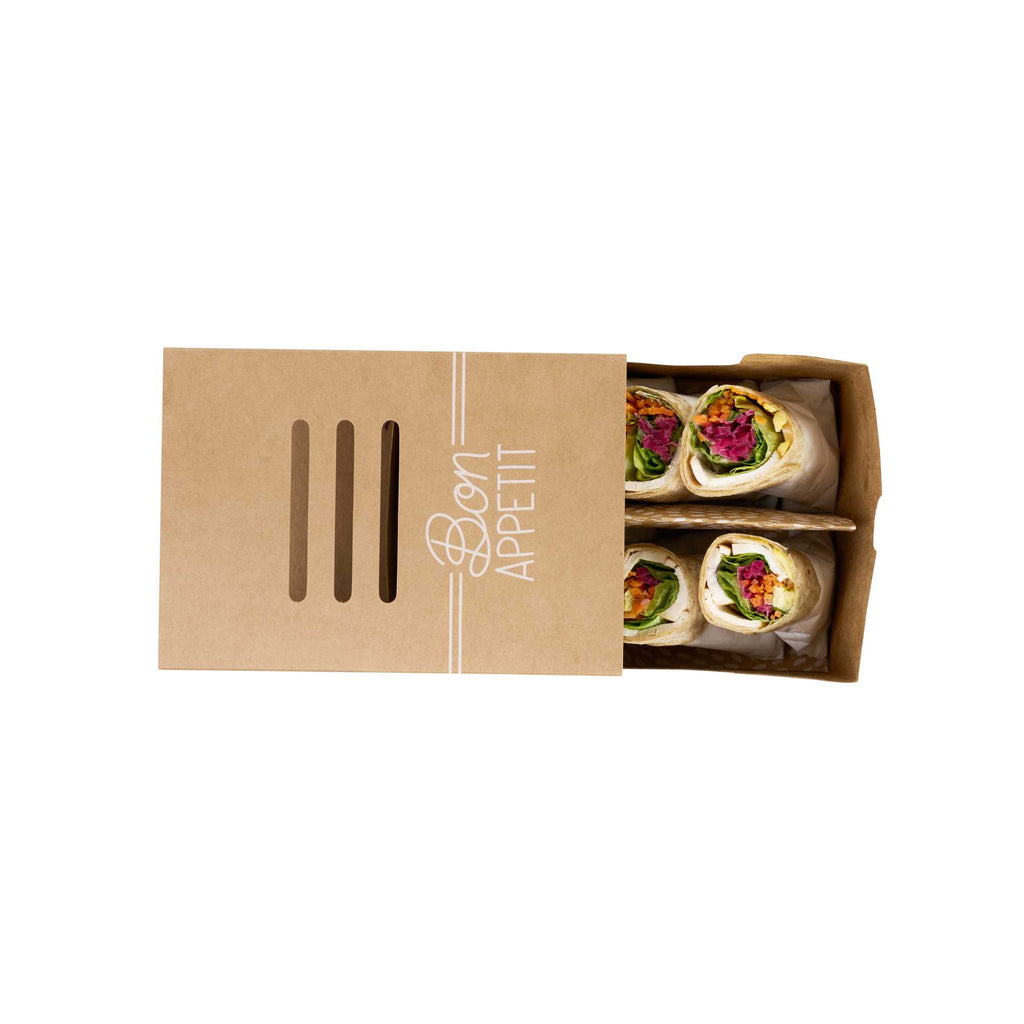 Cater Tek Rectangle Kraft Paper Hot Dog / Sandwich Tray - with Cover and Divider - 8 1/4" x 5 3/4" x 3 3/4" - 100 count box