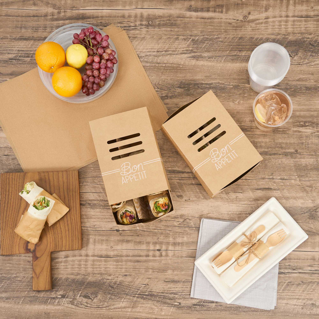 Cater Tek Rectangle Kraft Paper Hot Dog / Sandwich Tray - with Cover and Divider - 8 1/4" x 5 3/4" x 3 3/4" - 100 count box