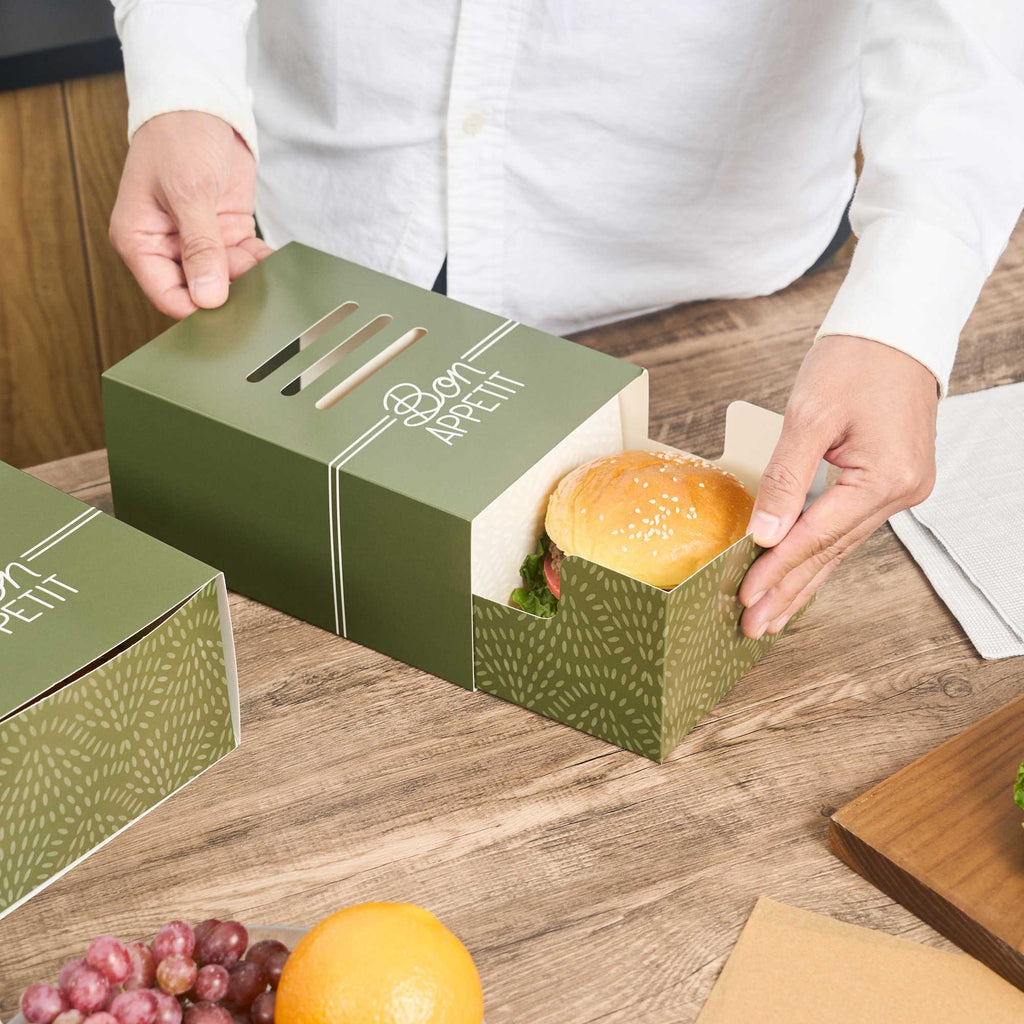 Cater Tek Rectangle Green Paper Burger Tray - with Cover and Divider - 8 1/4" x 5 3/4" x 3 3/4" - 100 count box