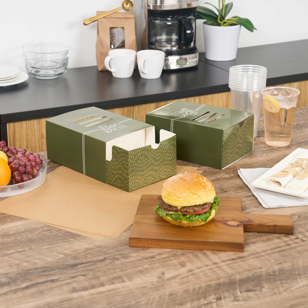 Cater Tek Rectangle Green Paper Burger Tray - with Cover and Divider - 8 1/4" x 5 3/4" x 3 3/4" - 100 count box