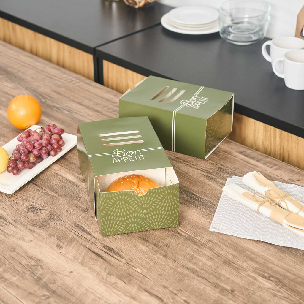 Cater Tek Rectangle Green Paper Burger Tray - with Cover and Divider - 8 1/4" x 5 3/4" x 3 3/4" - 100 count box