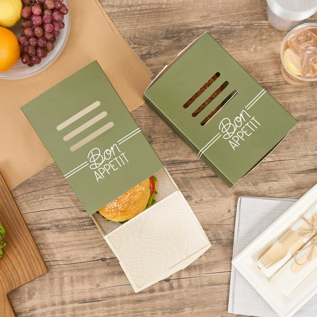 Cater Tek Rectangle Green Paper Burger Tray - with Cover and Divider - 8 1/4" x 5 3/4" x 3 3/4" - 100 count box