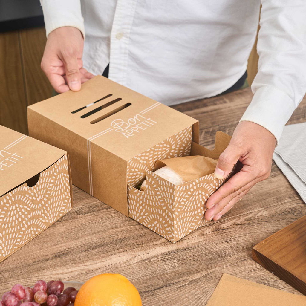 Cater Tek Rectangle Kraft Paper Burger Tray - with Cover and Divider - 8 1/4" x 5 3/4" x 3 3/4" - 100 count box