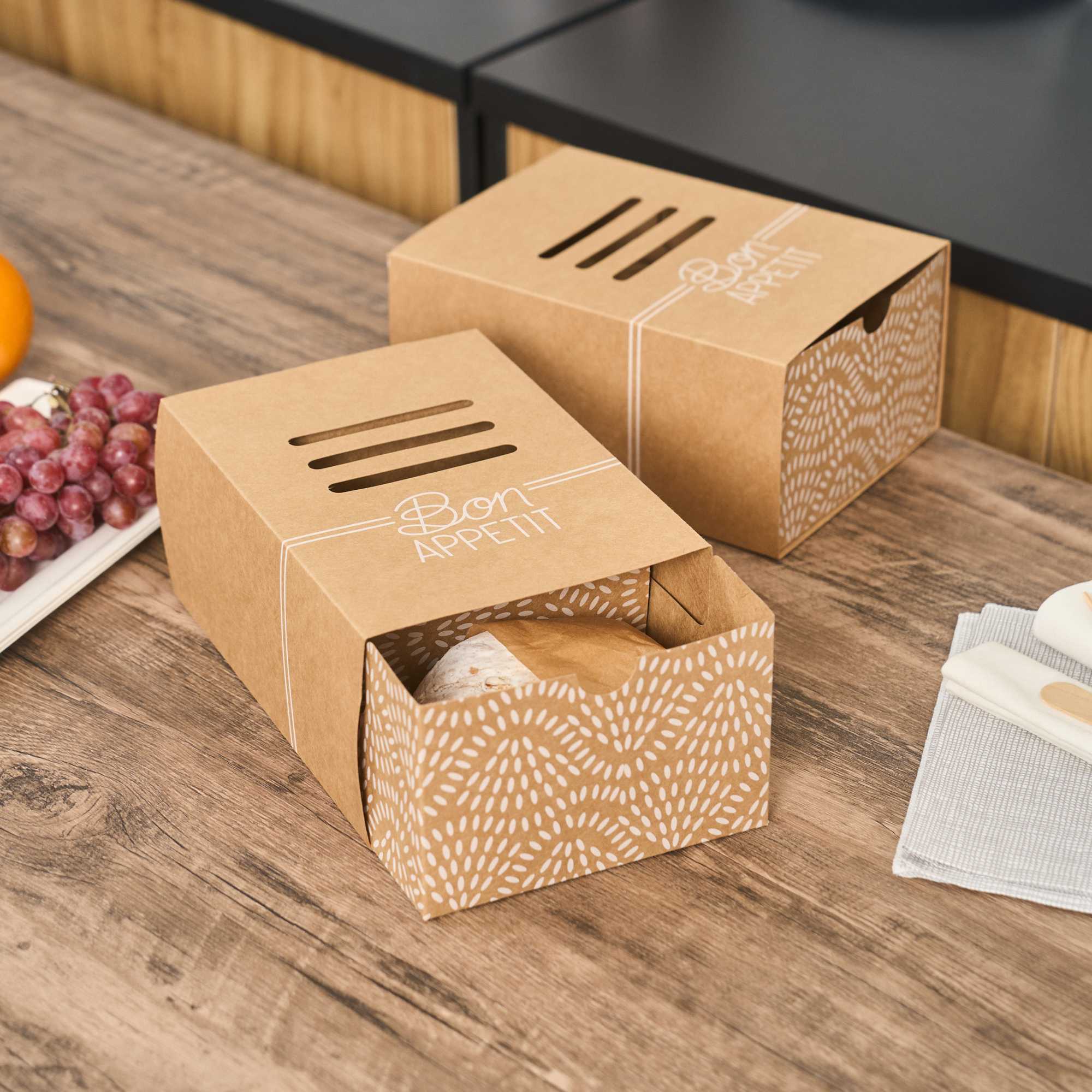 Cater Tek Rectangle Kraft Paper Burger Tray - with Cover and Divider - 8 1/4" x 5 3/4" x 3 3/4" - 100 count box