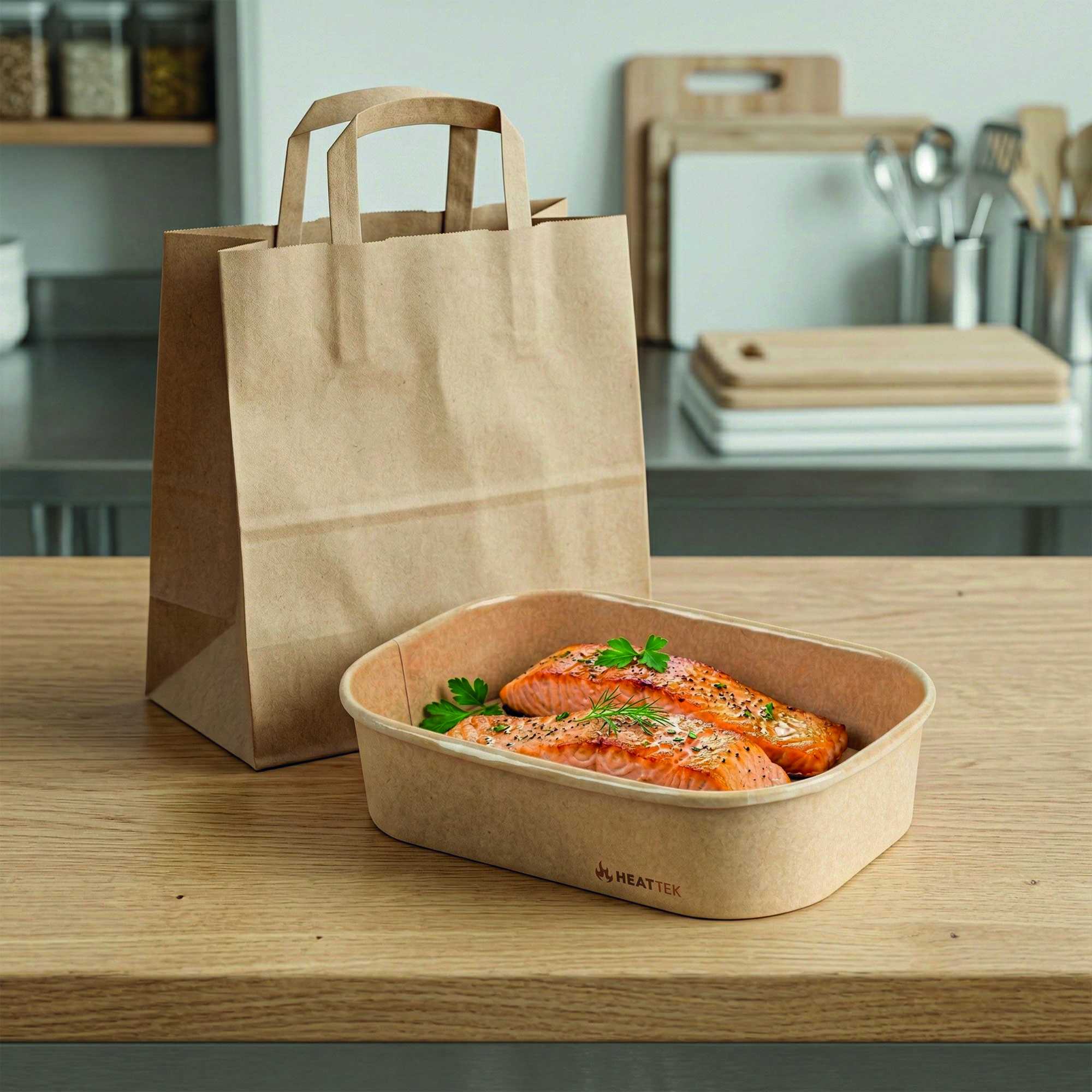 Heat Tek 17 oz Oval Kraft Paper Serving Container - Oven-Safe - 6 3/4" x 4 3/4" x 1 1/2" - 100 count box