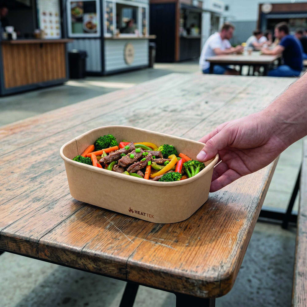 Heat Tek 20 oz Oval Kraft Paper Serving Container - Oven-Safe - 6 3/4" x 4 3/4" x 2" - 25 count box