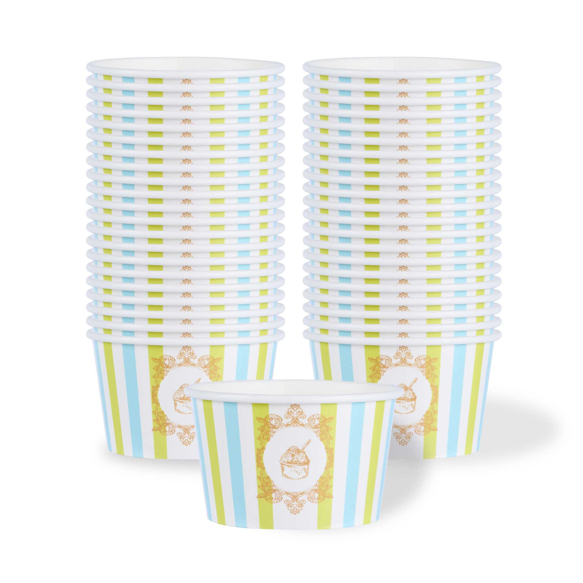 Coppetta 8 oz Round Blue And Green Stripe Paper To Go Cup - 3 3/4" x 3 3/4" x 2 1/4" - 50 count box