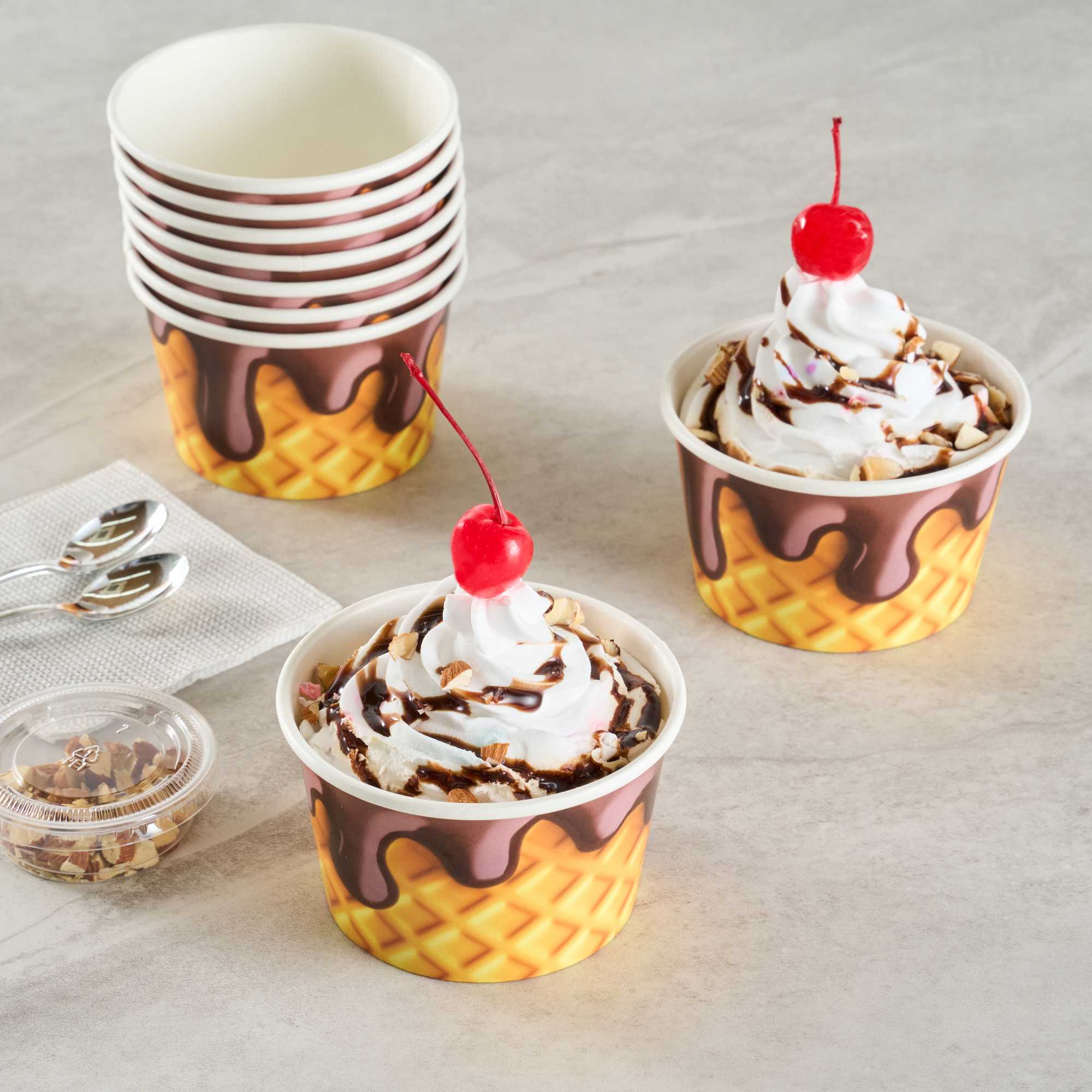 Coppetta 8 oz Round Chocolate Drizzle Paper To Go Cup - 3 3/4" x 3 3/4" x 2 1/4" - 50 count box