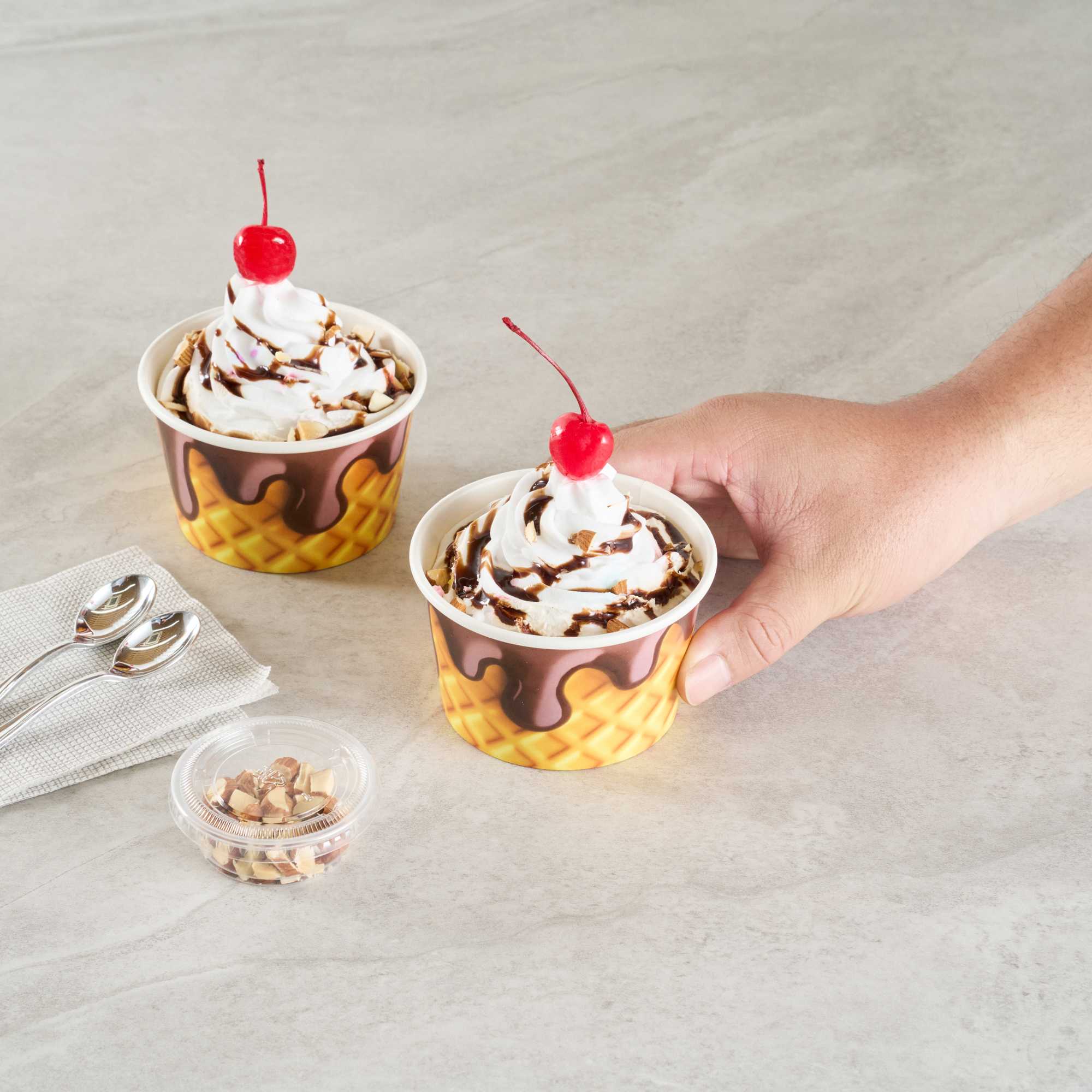 Coppetta 8 oz Round Chocolate Drizzle Paper To Go Cup - 3 3/4" x 3 3/4" x 2 1/4" - 50 count box