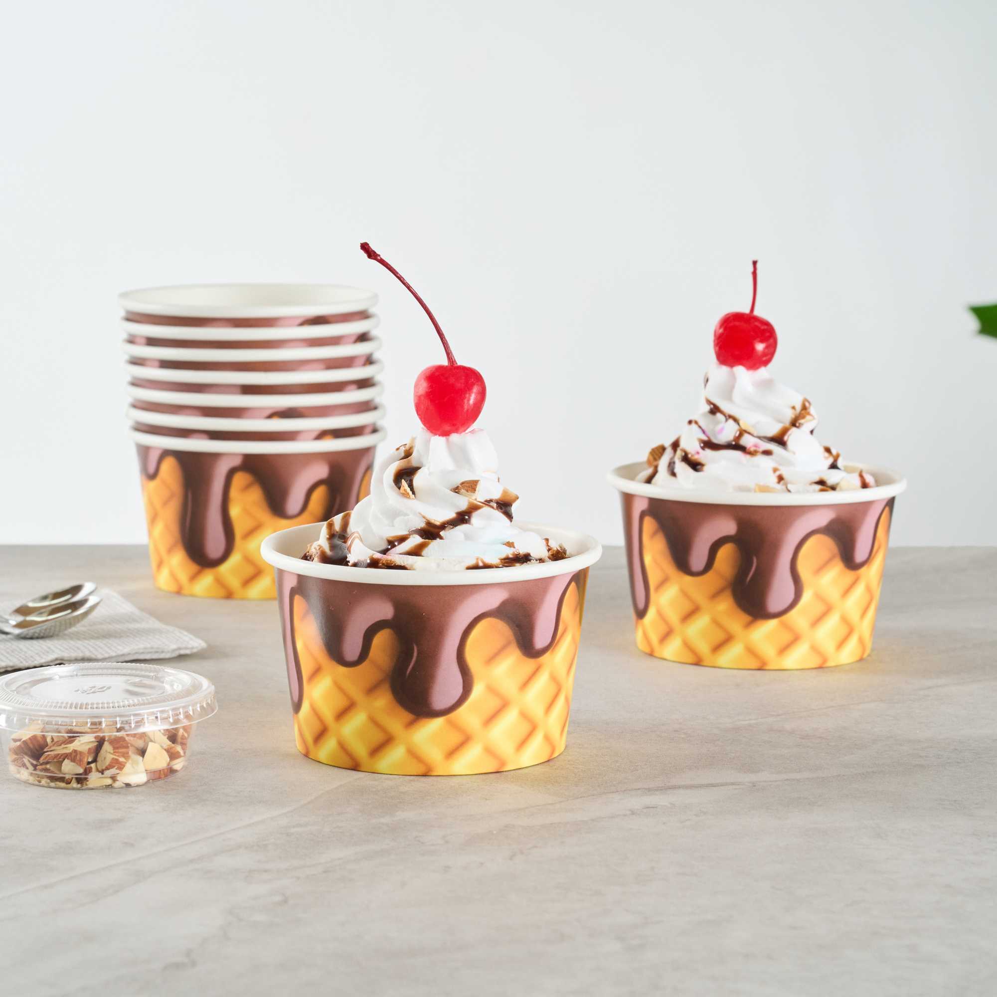 Coppetta 8 oz Round Chocolate Drizzle Paper To Go Cup - 3 3/4" x 3 3/4" x 2 1/4" - 50 count box