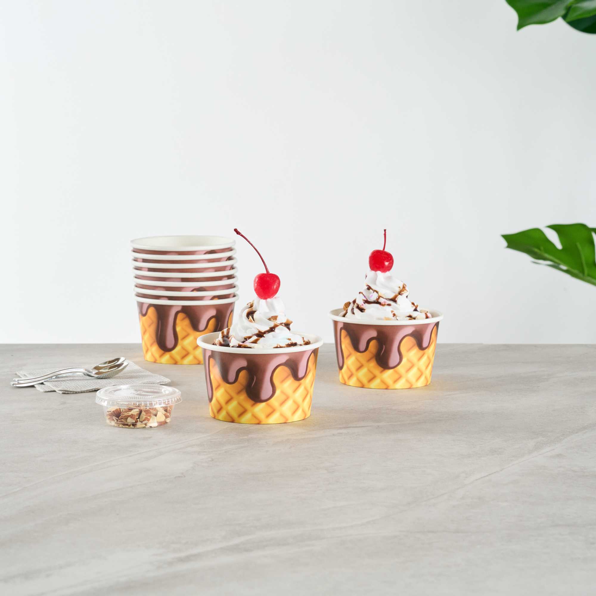 Coppetta 8 oz Round Chocolate Drizzle Paper To Go Cup - 3 3/4" x 3 3/4" x 2 1/4" - 50 count box